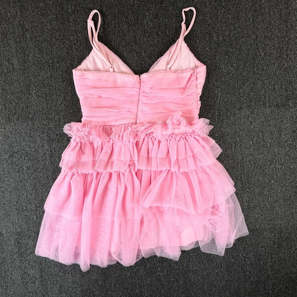 Lulus Pink Tulle Mini Dress Ruched V-Neck Tiered Ruffle Party Dress Womens Med - Picture 9 of 12